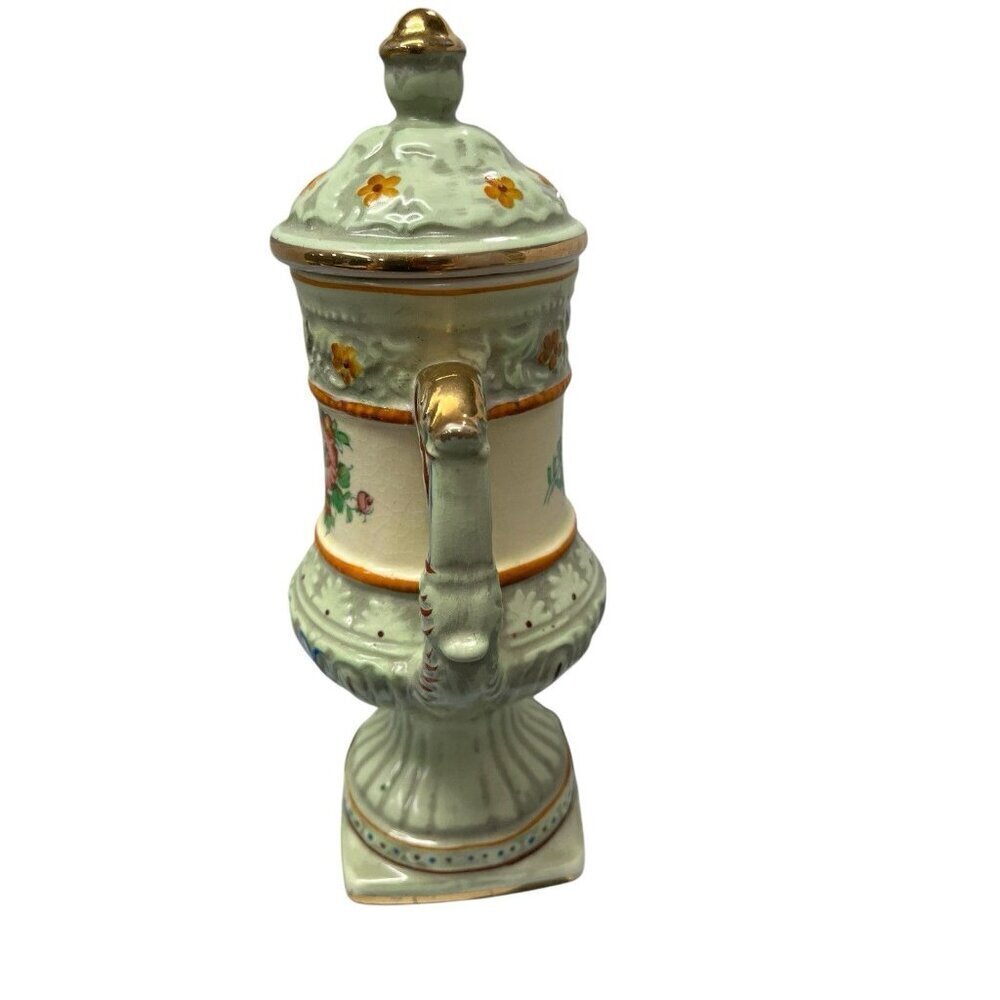 Vintage Hand Painted Japanese Urn & Lid 10" Tall Light Green with Floral Design - Picture 5 of 10